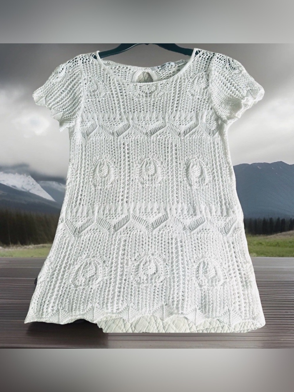 eight eight eight Short Sleeve White Crochet Sweater 100% Cotton Sz L Scalloped